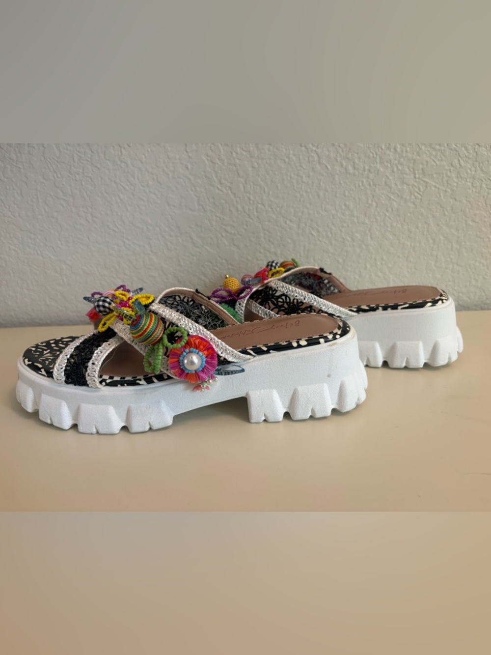 Betsy Johnson Beaded Multicolor Platform Slide Mules with Chunky White Sole 8.5